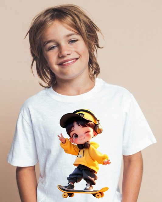 Boys Cotton T-Shirt with Skating Boy Print | Ages 2–9 Years | 100% Soft Cotton | White, Blue, Sky Blue
